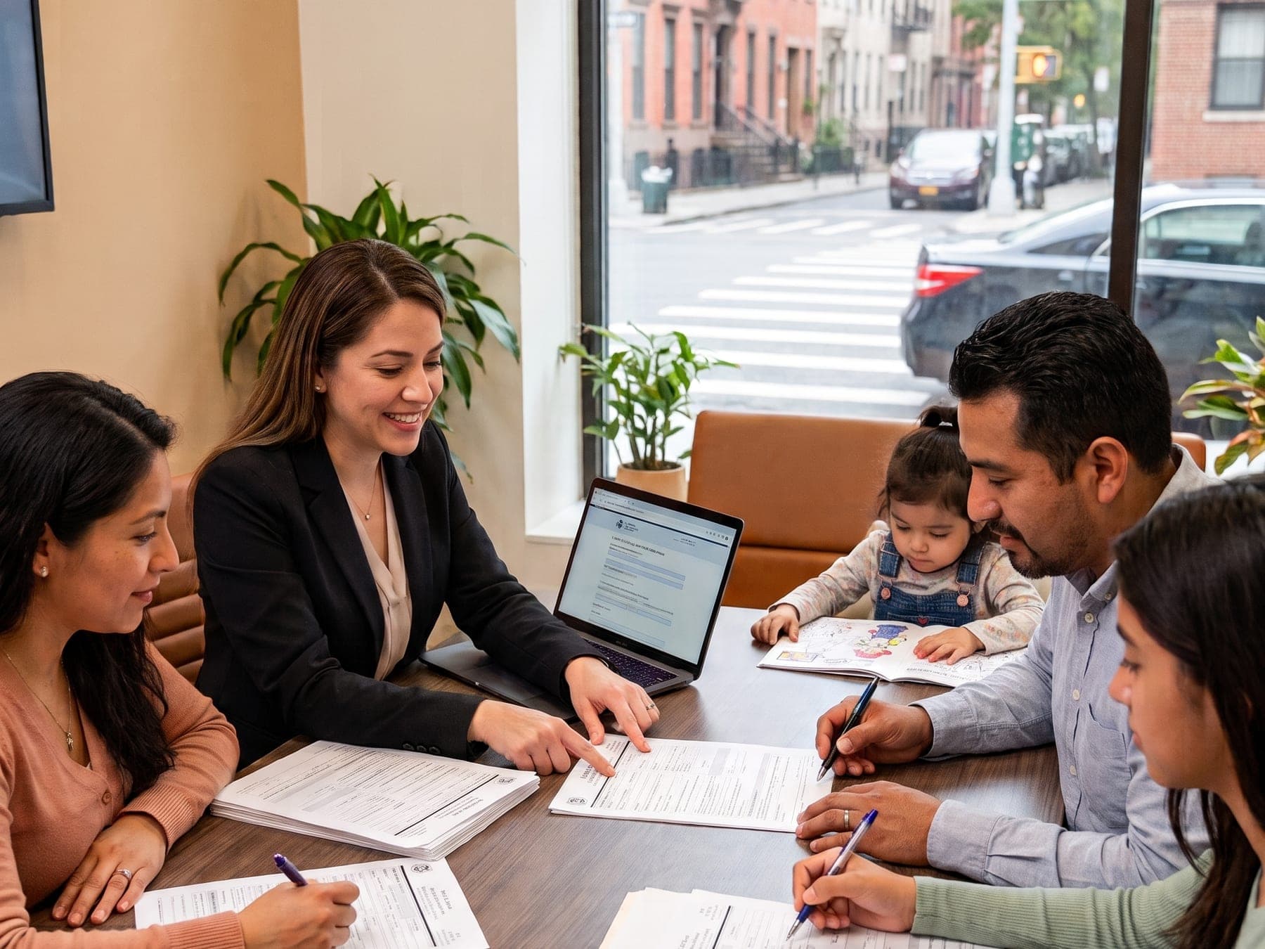 A LegalPrep paralegal goes through USCIS forms at a table with a family, papers and a laptop spread between them, in the New York office.